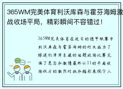 365WM完美体育利沃库森与霍芬海姆激战收场平局，精彩瞬间不容错过！