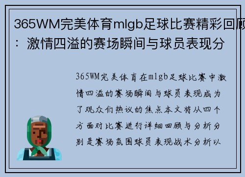 365WM完美体育mlgb足球比赛精彩回顾：激情四溢的赛场瞬间与球员表现分析