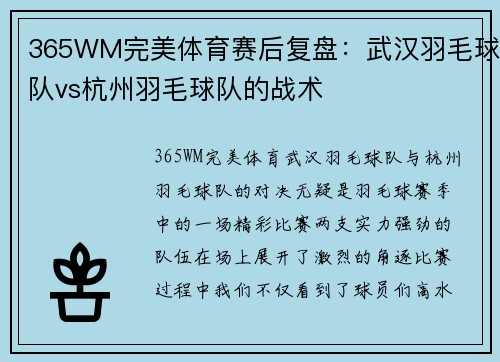 365WM完美体育赛后复盘：武汉羽毛球队vs杭州羽毛球队的战术