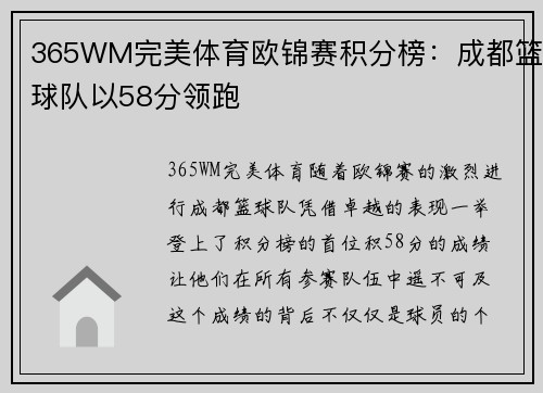 365WM完美体育欧锦赛积分榜：成都篮球队以58分领跑